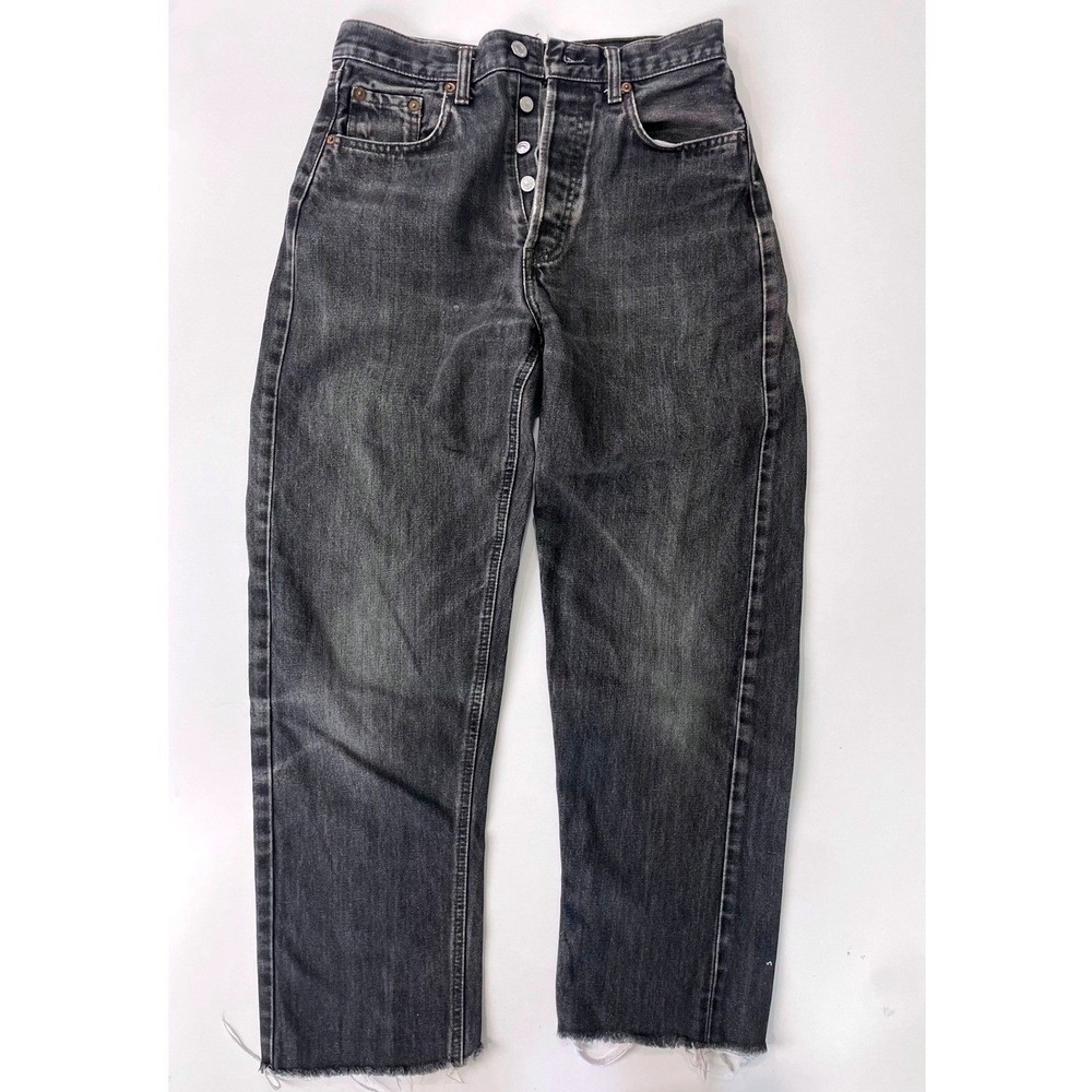 Vintage Levis 501 Faded Black Straight Leg Jeans High Rise Button Fly Frayed Hem